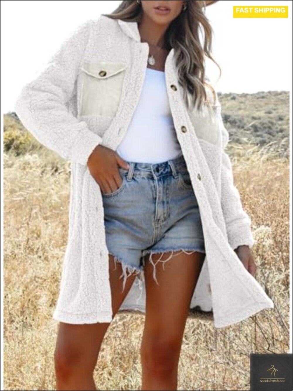 Faux Fur Fuzzy Fleece Long Sleeve Button Down Jacket Teddy Coat - Picture 2 of 6
